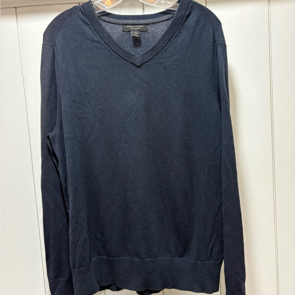 BANANA REPUBLIC V Neck Sweater Luxury Blend Silk Cotton Cashmere M Blue/Gray